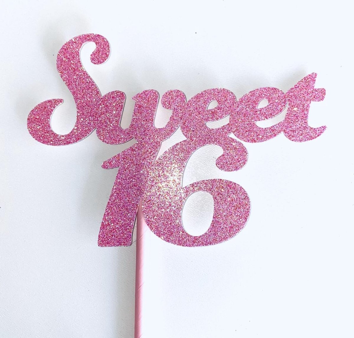 Taarttopper | Cake topper | Verjaardag| Sweet 16 |14 cm | Roze glitter | karton papier